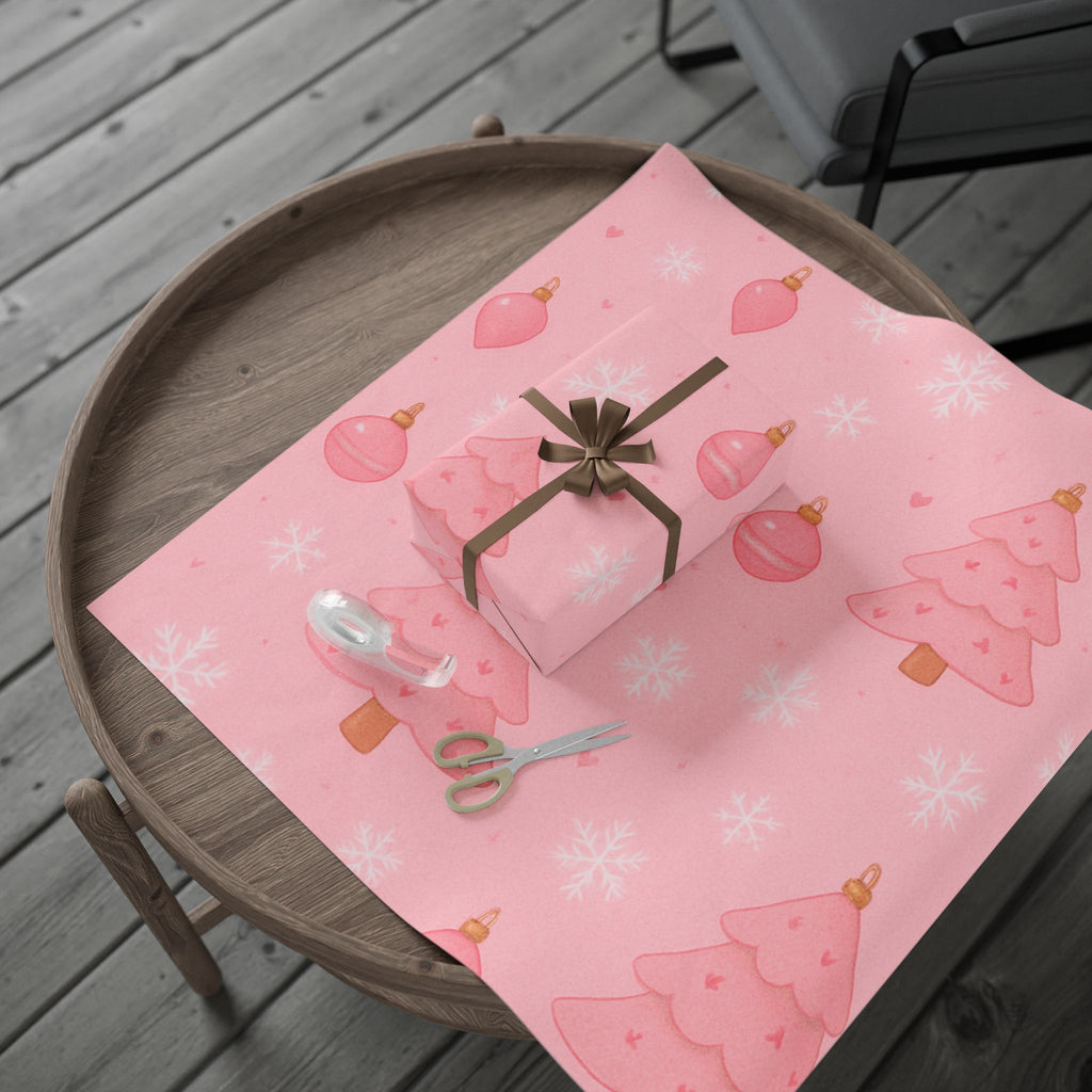 Pink Christmas Wrapping Paper – Cute Pink Trees & Ornaments Holiday Gift Wrap