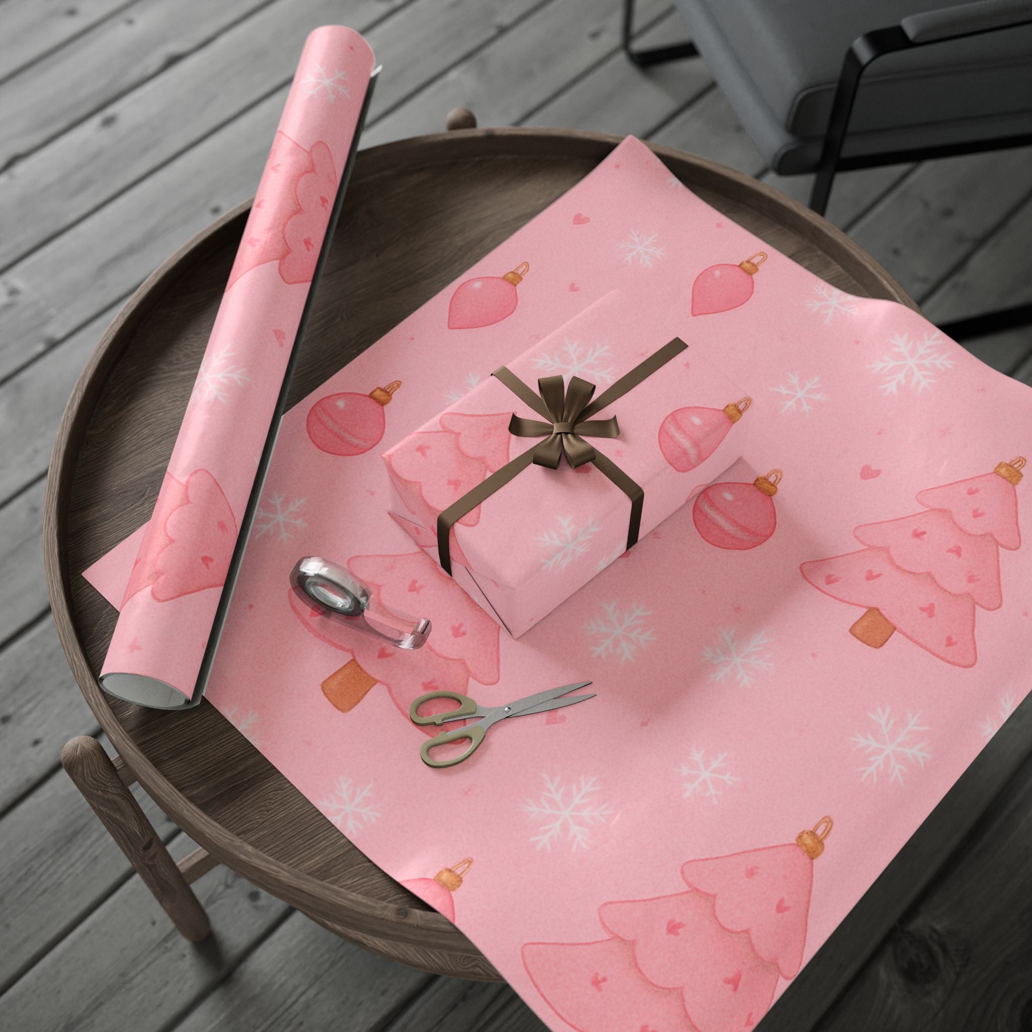 Pink Christmas Wrapping Paper – Cute Pink Trees & Ornaments Holiday Gift Wrap