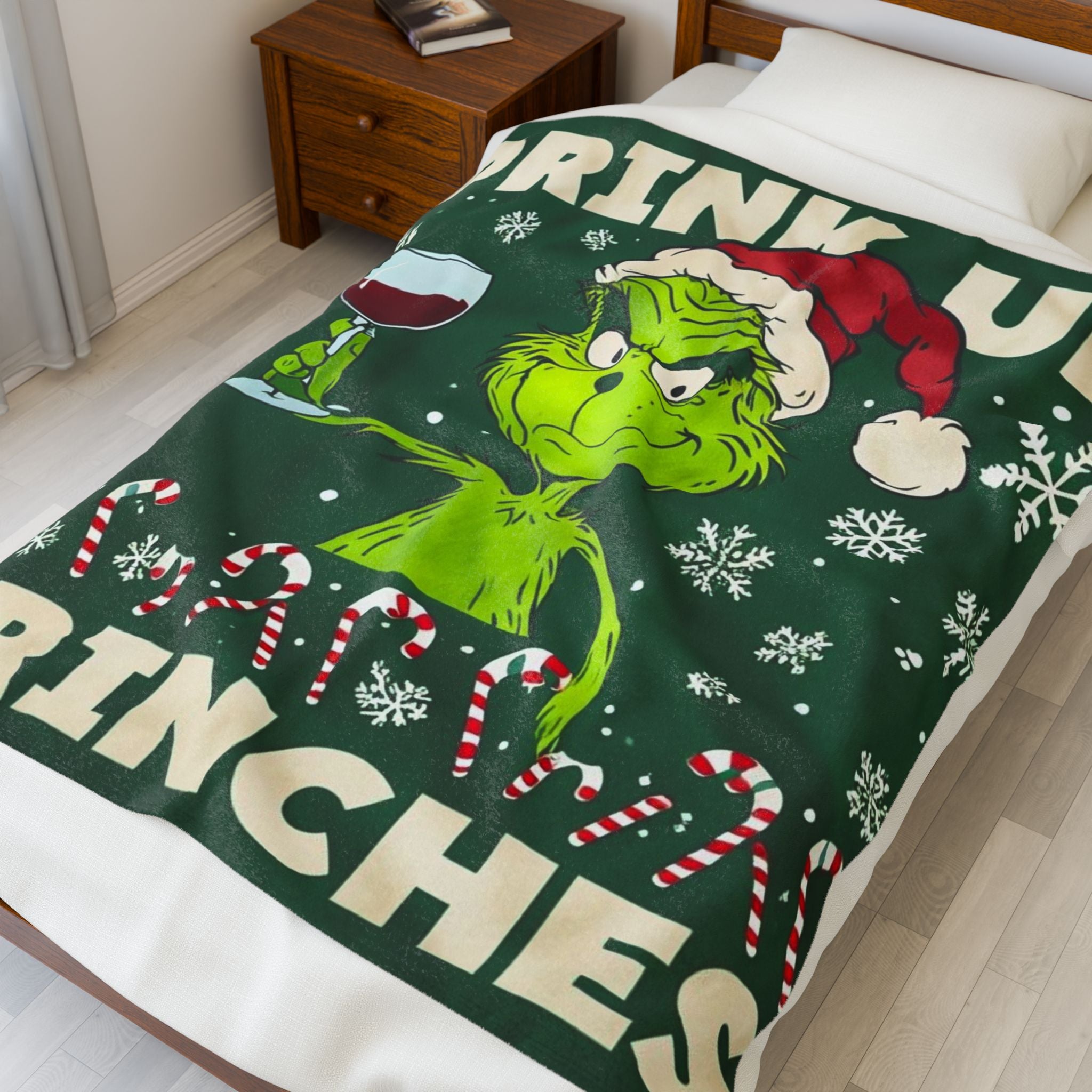 Drink Up Grinches” Holiday Fleece Blanket – Festive Grumpy Cheer