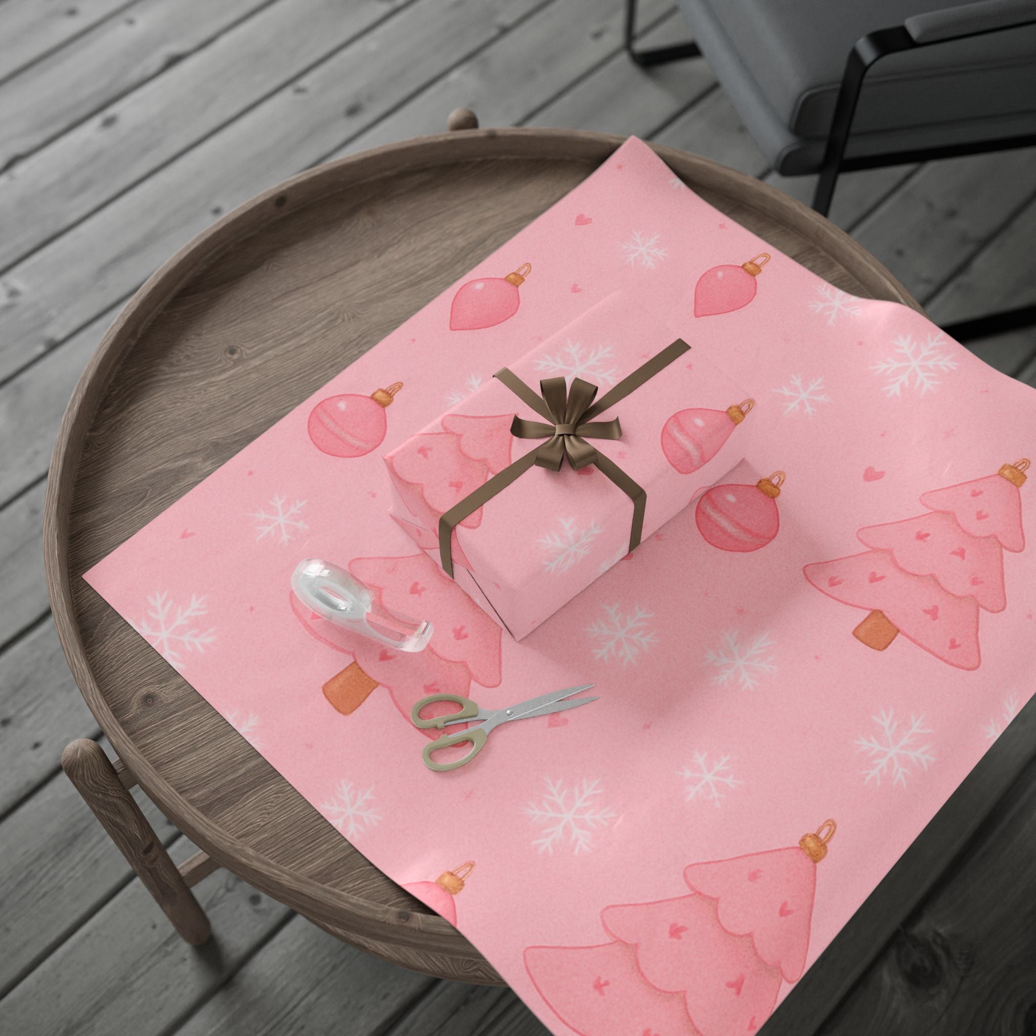 Pink Christmas Wrapping Paper – Cute Pink Trees & Ornaments Holiday Gift Wrap